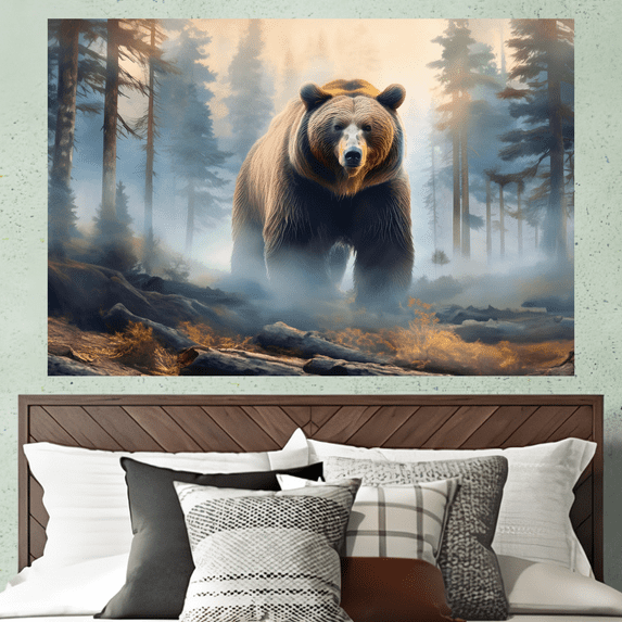 Lotusprinthandmade Grizzly Bear in Misty Forest Poster 16" x 24", wildlife-themed wall art, nature-inspired bear poster, majestic grizzly bear art print