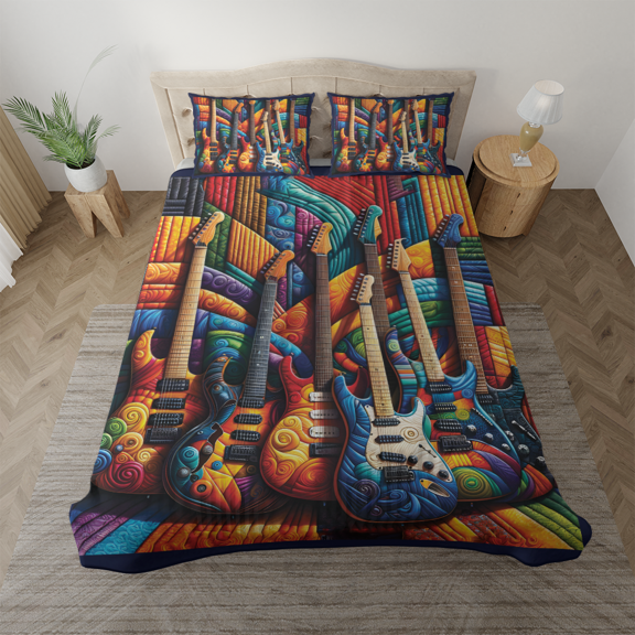 Lotusprinthandmade Guitar Bedding Set (Made in Vietnam) (88x88), Music-Inspired Quilt Set, Cozy Guitar-Themed Bedding