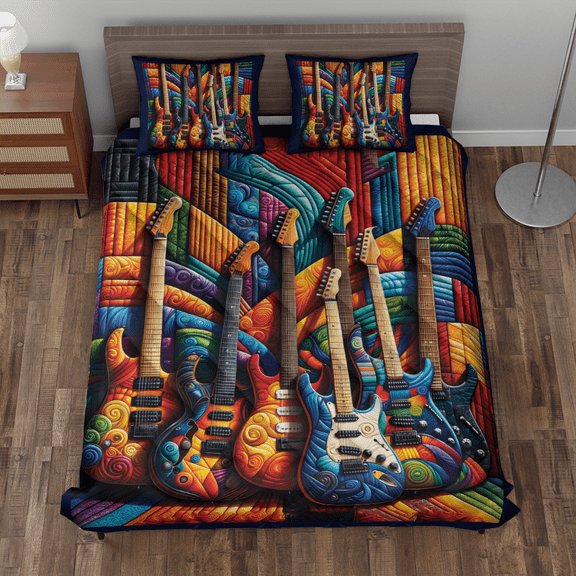 Lotusprinthandmade Guitar Quilt Bedding Set (Fold Hem) 5 Sizes (Made in Vietnam) (55x60), Colorful Guitar Print Quilt, Stylish Music-Themed Quilt