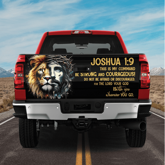 Lotusprinthandmade Half Jesus Half Lion Be Strong Courageous Tailgate Wrap 2 Sizes (24"x58"), Lion Tailgate Graphic, Religious Jesus Design Truck Wrap