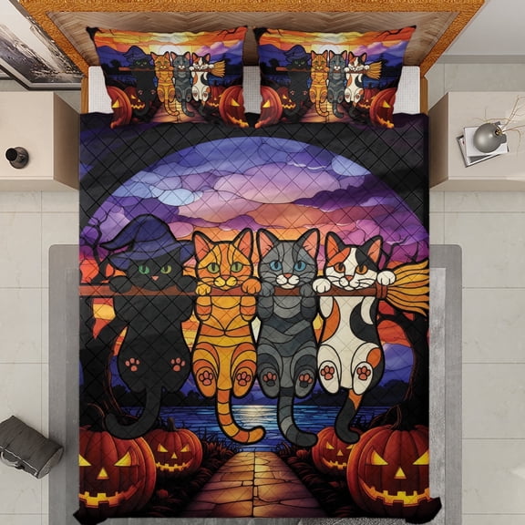 Lotusprinthandmade Halloween Cat Witch Hat Broom Quilt Bedding Set, Fold Hem, 55x60