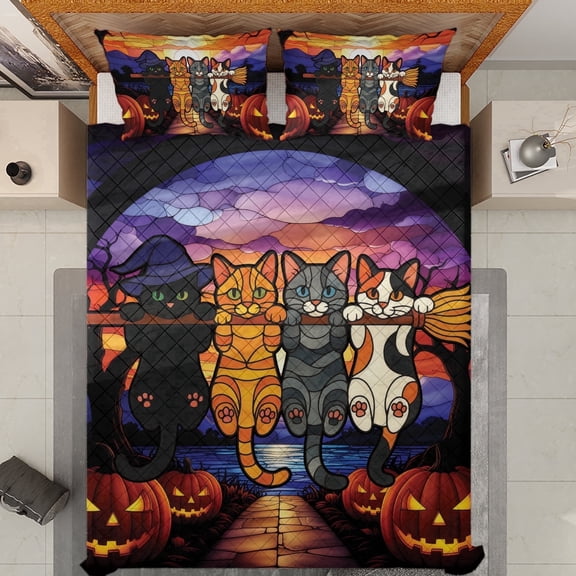 Lotusprinthandmade Halloween Cat Witch Hat Broom Quilt Bedding Set, White Binding, 55x60