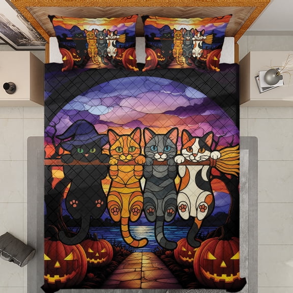 Lotusprinthandmade Halloween Cat Witch Hat Broom Quilt Bedding Set (White Binding) 5 Sizes (Made in Vietnam) (60x70), Vibrant And Playful Print Quilt