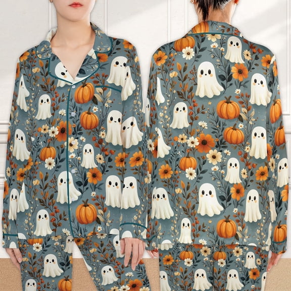 Lotusprinthandmade Halloween Cute Ghosts And Pumpkins All Over Print Satin Long Sleeve Pajamas Set