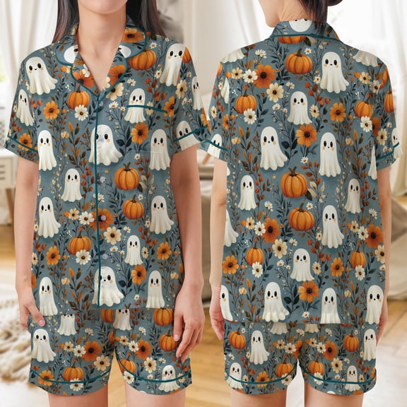 Lotusprinthandmade Halloween Cute Ghosts And Pumpkins All-over Print Satin Short-Sleeve Pajamas Set (S), cute ghost print sleepwear, pumpkin design satin pajamas