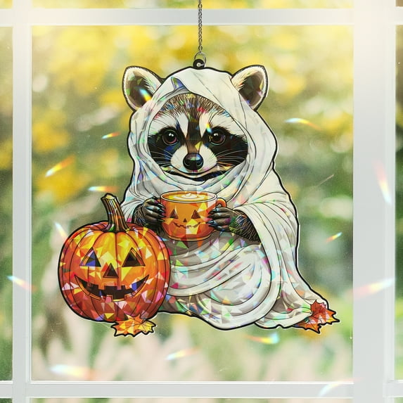 Lotusprinthandmade Halloween Raccoon and Pumpkin Graphic Custom Shape Broken Glass Hologram Ornament 3.5in, raccoon halloween decor ornament