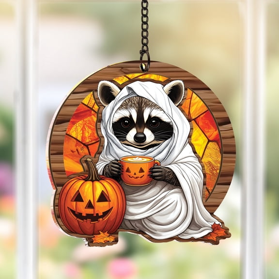 Lotusprinthandmade Halloween Raccoon and Pumpkin Graphic Custom Shape Window Hanging Suncatcher 3.5in, halloween animal window hanging