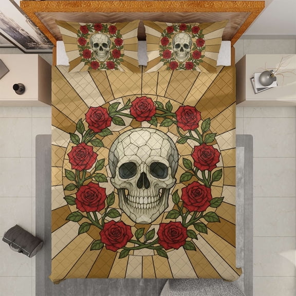 Lotusprinthandmade Halloween Skull Floral Quilt Bedding Set Fold Hem