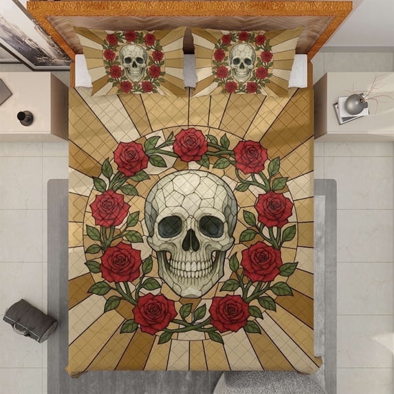Lotusprinthandmade Halloween Skull Floral Quilt Bedding Set, White Binding, 90x100
