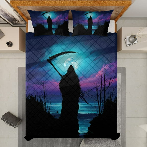 Lotusprinthandmade Halloween Skull Skeleton Quilt Bedding Set (White Binding) 5 Sizes (Made in Vietnam) (55x60), skeleton quilt cover, skull bedspread