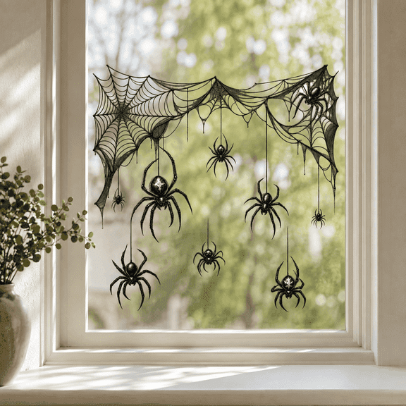 Lotusprinthandmade Halloween Spider Web Transparent Vinyl Decal Multicolor, Gothic Halloween Window Sticker