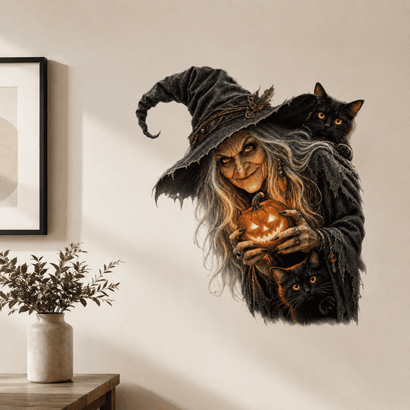 Lotusprinthandmade Halloween Witch Black Cat Transparent Vinyl Decal Multicolor, Pumpkin Gothic Wall Window Decoration