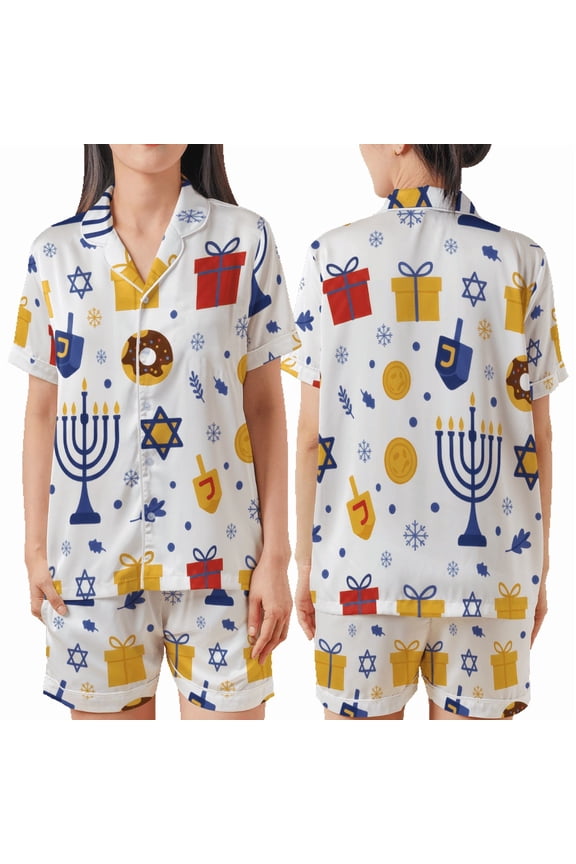 Hanukkah Dreidel Menorah All-over Print Satin Short-Sleeve Pajamas Set (No Pocket) (S)