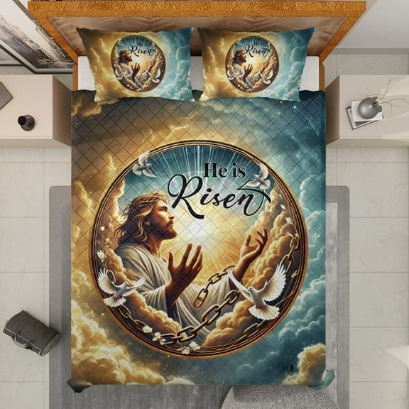 Lotusprinthandmade He Is Risen Faith Cross Quilt Bedding Set (White Binding) 5 Sizes (Made in Vietnam) (55x60), Vibrant And Playful Print Quilt