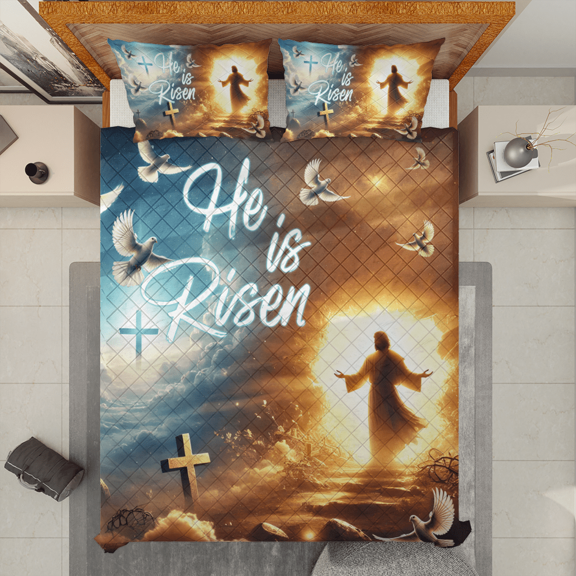 Lotusprinthandmade He Is Risen Faith Cross Quilt Bedding Set, White Binding, 55x60