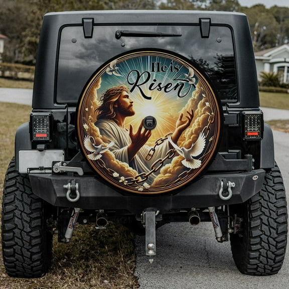 Lotusprinthandmade He Is Risen Faith Cross Spare Tire Cover With Backup Camera Hole 6 Sizes (28 in.)
