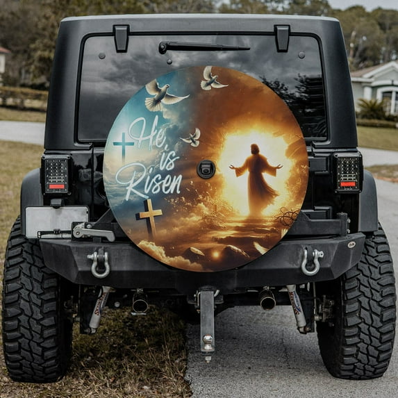 Lotusprinthandmade He Is Risen Faith Cross Spare Tire Cover With Backup Camera Hole 6 Sizes (29 in.)