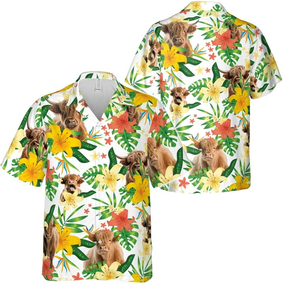Lotusprinthandmade Highland Cattle Short-sleeve Hawaiian Shirt S-5XL (5XL), Cow Tropical Shirt