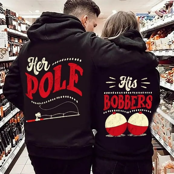 Lotusprinthandmade His Bobbers Her Pole Matching Couple Black Hoodie 2D (S), couple hoodie design