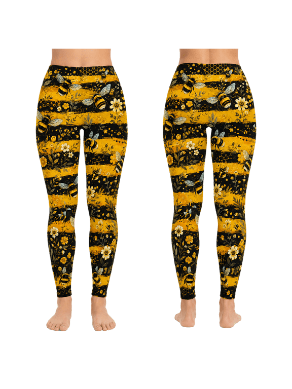 Honey Bee Floral All-over Print Leggings, Nature Botanical Yoga Pants