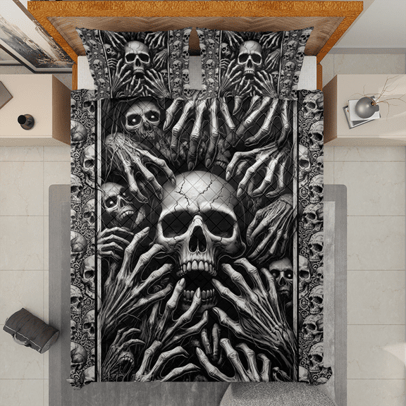 Lotusprinthandmade Horror Skull Quilt Bedding Set (White Binding) 5 Sizes (Made in Vietnam) (55x60), Scary Skull-Themed Quilt Bedding, Halloween Skull Bedroom Decor