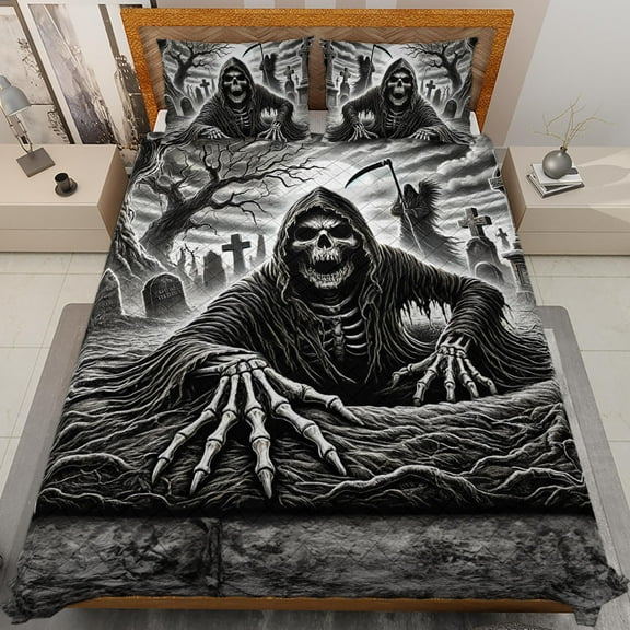 Lotusprinthandmade Horror Skull Skeleton Halloween Quilt Bedding Set (White Binding) 5 Sizes (Made in Vietnam) (55x60), skull quilt bedspread