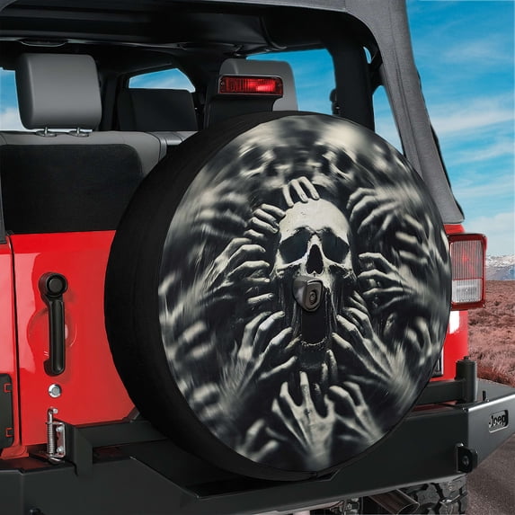 Lotusprinthandmade Horror Skull Spare Tire Cover With Backup Camera Hole 6 Sizes (29 in.), skull design tire cover, skull car tire wrap