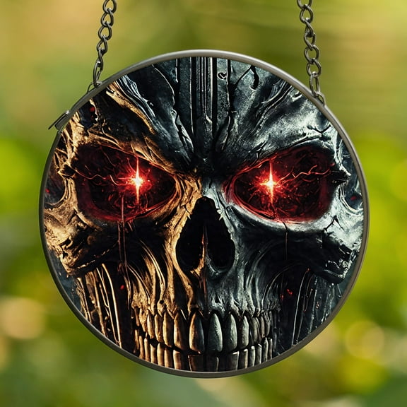 Lotusprinthandmade Horror Skull Stained Glass Suncatcher for Window Hanging Cir4in, skull halloween theme window hanging, skull suncatcher ornament