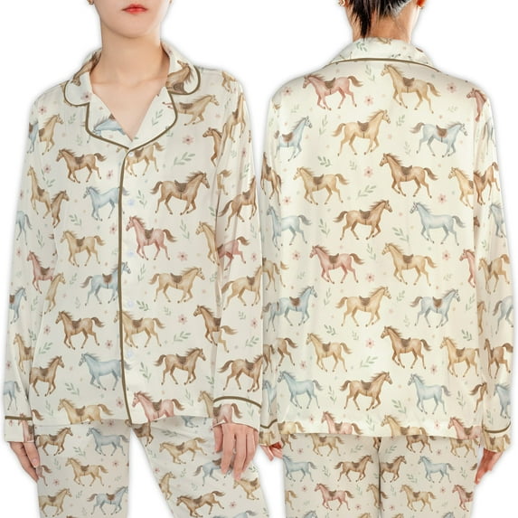 Lotusprinthandmade Horse Animal With Floral All-over Print Satin Pajamas Set (M) – Horse Art Pajamas Set