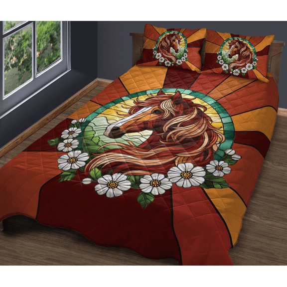 Lotusprinthandmade Horse and Floral Quilt Bedding Set (White Binding) 5 Sizes (Made in Vietnam) (55x60), Gift for Horse Lovers, horse floral quilt, horse lovers quilt bed set