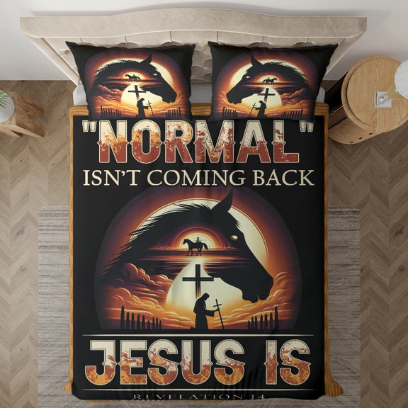 Lotusprinthandmade Horse Jesus "Normal" Isn't Coming Back Bedding Set (Made in Vietnam) (60x80), Christian-Themed Bed Set, Faith-Inspired Bedding Set
