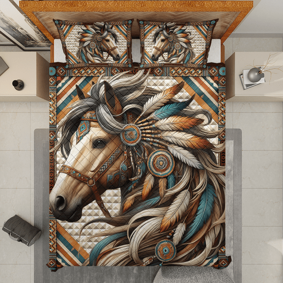 Lotusprinthandmade Horse Native America Quilt Bedding Set (White Binding) 5 Sizes (Made in Vietnam) (55x60), Tribal Horse Quilt Bed Set, Native Horse Quilt Bed Set