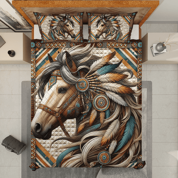 Lotusprinthandmade Horse Native America Quilt Bedding Set, White Binding, 70x80