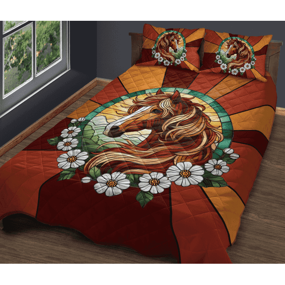Lotusprinthandmade Horse and Floral Quilt Bedding Set, White Binding, 60x70