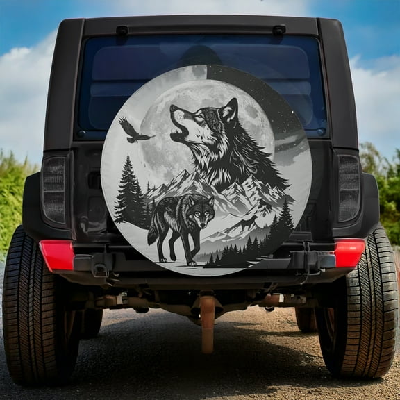 Lotusprinthandmade Howling Wolf Spare Tire Cover Without Backup Camera Hole 6 Sizes (27 in.), wolf moon spare tire cover, night sky wolf cover