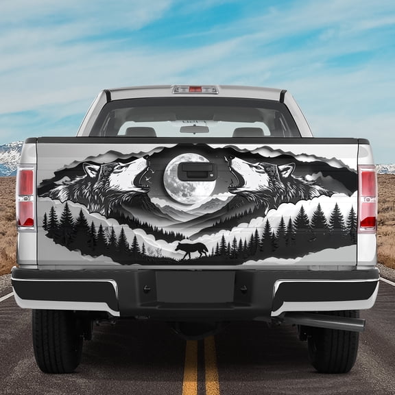 Lotusprinthandmade Howling Wolf Tailgate Wrap 2 Sizes (24"x58"), wolf moon truck decal, forest night tailgate graphic