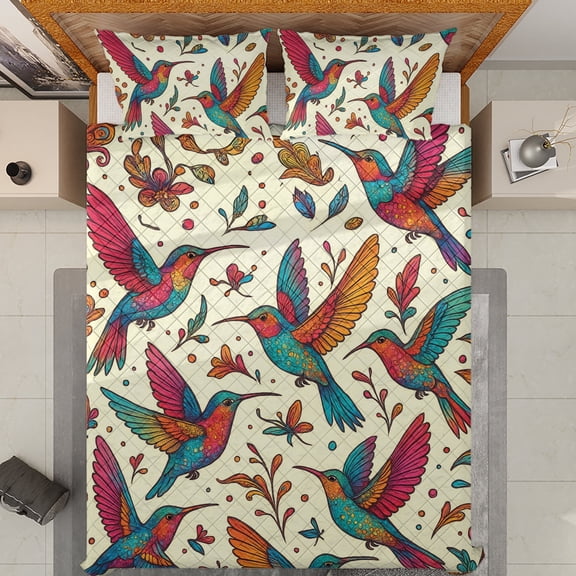 Lotusprinthandmade Hummingbird 3D Quilt Bedding Set (White Binding) 5 Sizes (Made in Vietnam) (55x60), Floral Nature Bird Lightweight Bedspread for Bedroom