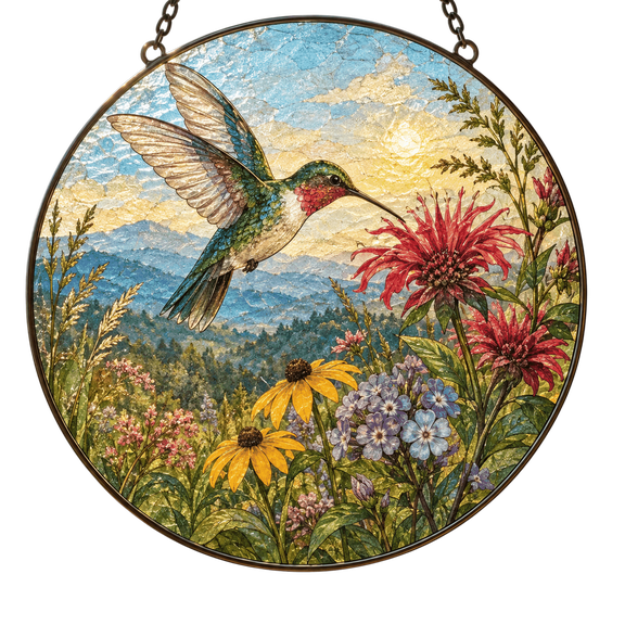 Lotusprinthandmade Hummingbird Wildflower Stained Glass Suncatcher Window Hanging Decor