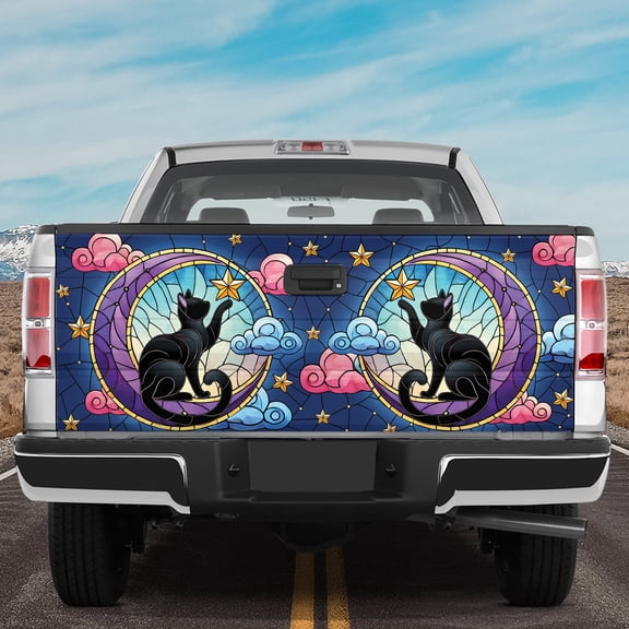 Lotusprinthandmade Black Cat On Purple Moon Halloween Tailgate Wrap 2 Sizes (24"x58"), Unique Art for Truck Lovers