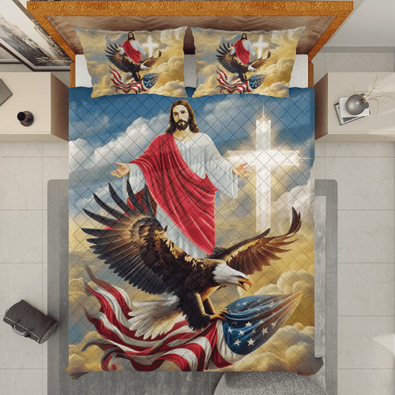 Lotusprinthandmade Jesus America Eagle Quilt Bedding Set (White Binding) 5 Sizes (80x90)