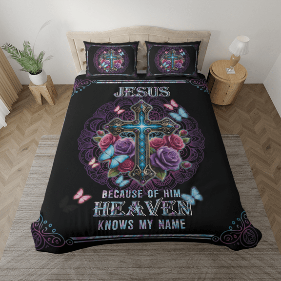 Lotusprinthandmade Jesus Because Of Him Bedding Set (Made in Vietnam) (88x88), Faith-Inspired Bedding, Cozy Jesus-Themed Bedding