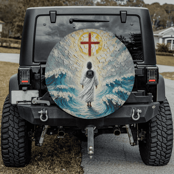Lotusprinthandmade Jesus Christ Walking On Water Spare Tire Cover With Backup Camera Hole 6 Sizes (31 in.)