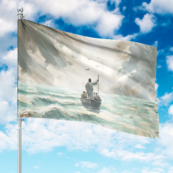 Lotusprinthandmade Jesus Christian Calm The Storm Painting 100% Polyester House Flag 29.5 x 39.5 inches