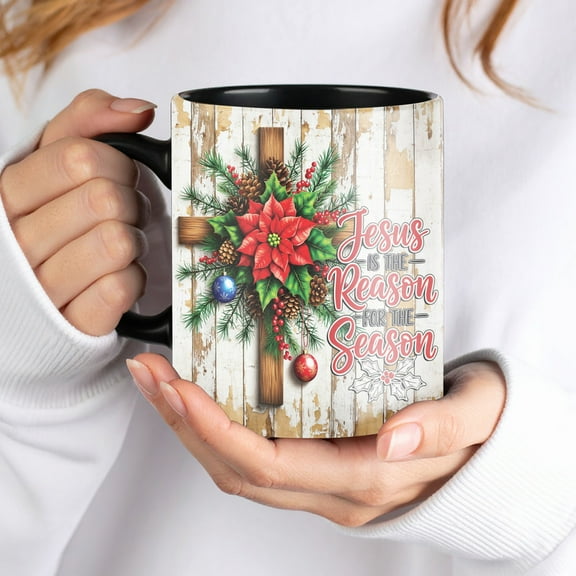 Lotusprinthandmade Jesus Christian Christmas Black Ceramic Mug (11oz) (Made In US), jesus with christmas mug, christian christmas mug, jesus mug