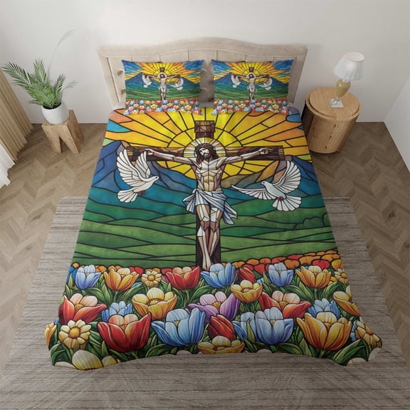Lotusprinthandmade Jesus Christian and Colorful Floral Bedding Set