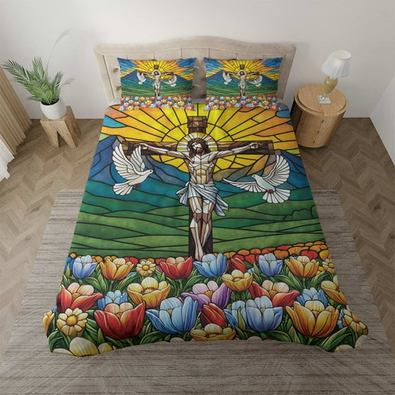 Lotusprinthandmade Jesus Christian and Colorful Floral Bedding Set (Made in Vietnam) (68x88), faith based jesus with floral comforter set