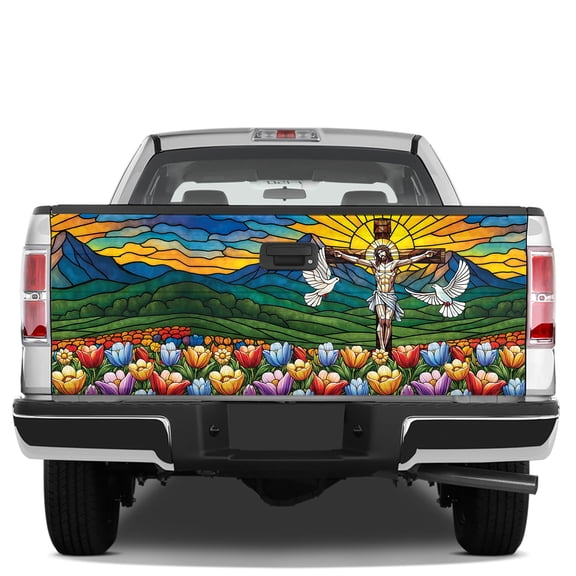 Lotusprinthandmade Jesus Christian and Colorful Floral Tailgate Wrap 2 Sizes (24"x58"), faith based jesus tailgate wrap