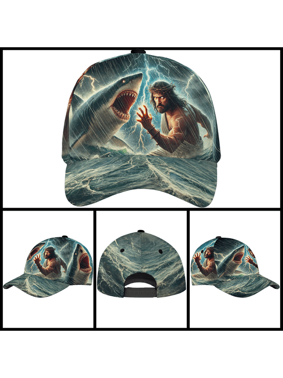 Jesus Fighting Shark Classic Baseball Cap One Size Multicolor