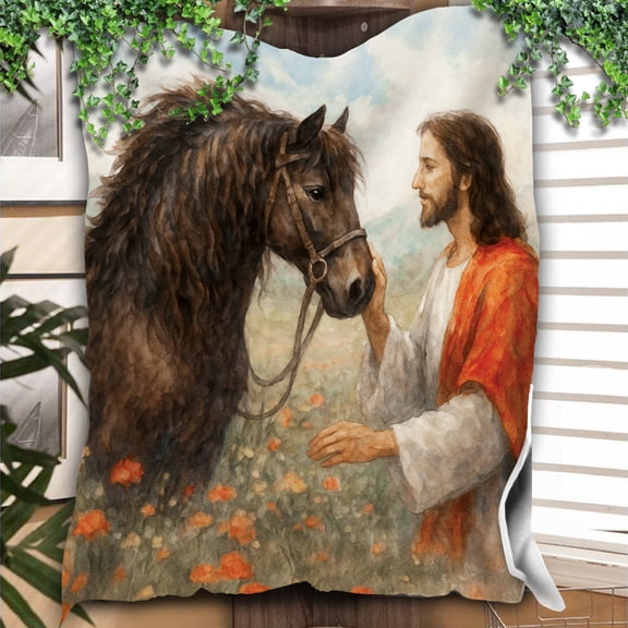 Lotusprinthandmade Jesus and Horse Christian Fleece Blanket 2 Sizes (Made in US) (60"x50"), faith based jesus and horse throw, jesus inspired horse blanket