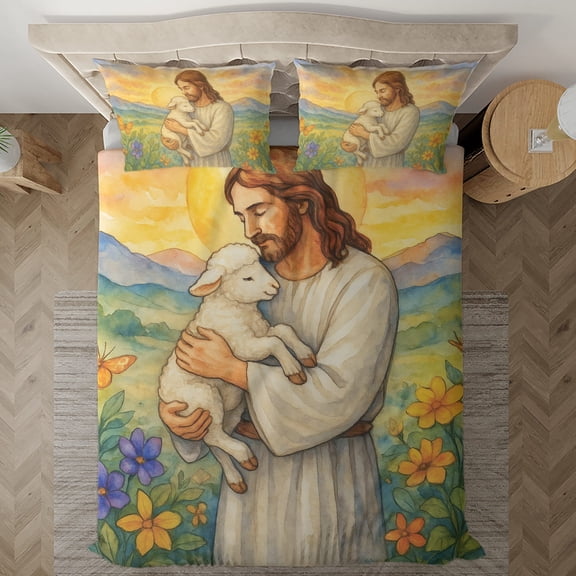 Lotusprinthandmade Jesus Hugging Sheep Bedding Set (Made in Vietnam) (78x88), Durable And High-Quality Bedding